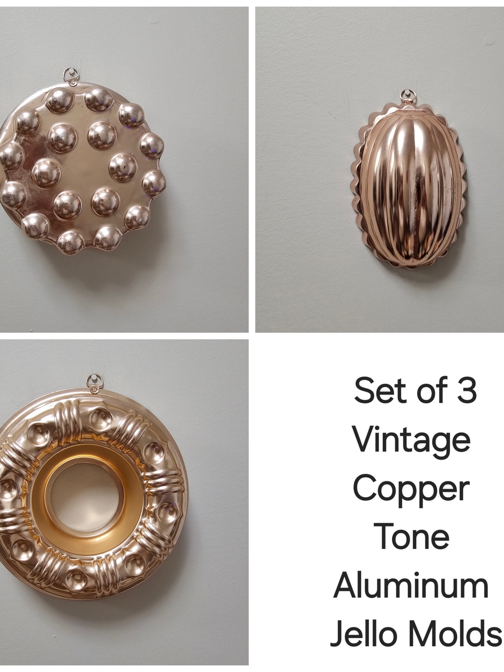 Set Of 3 Vintage Copper Tone Aluminum Jello Molds Assorted Shapes Wall Decor